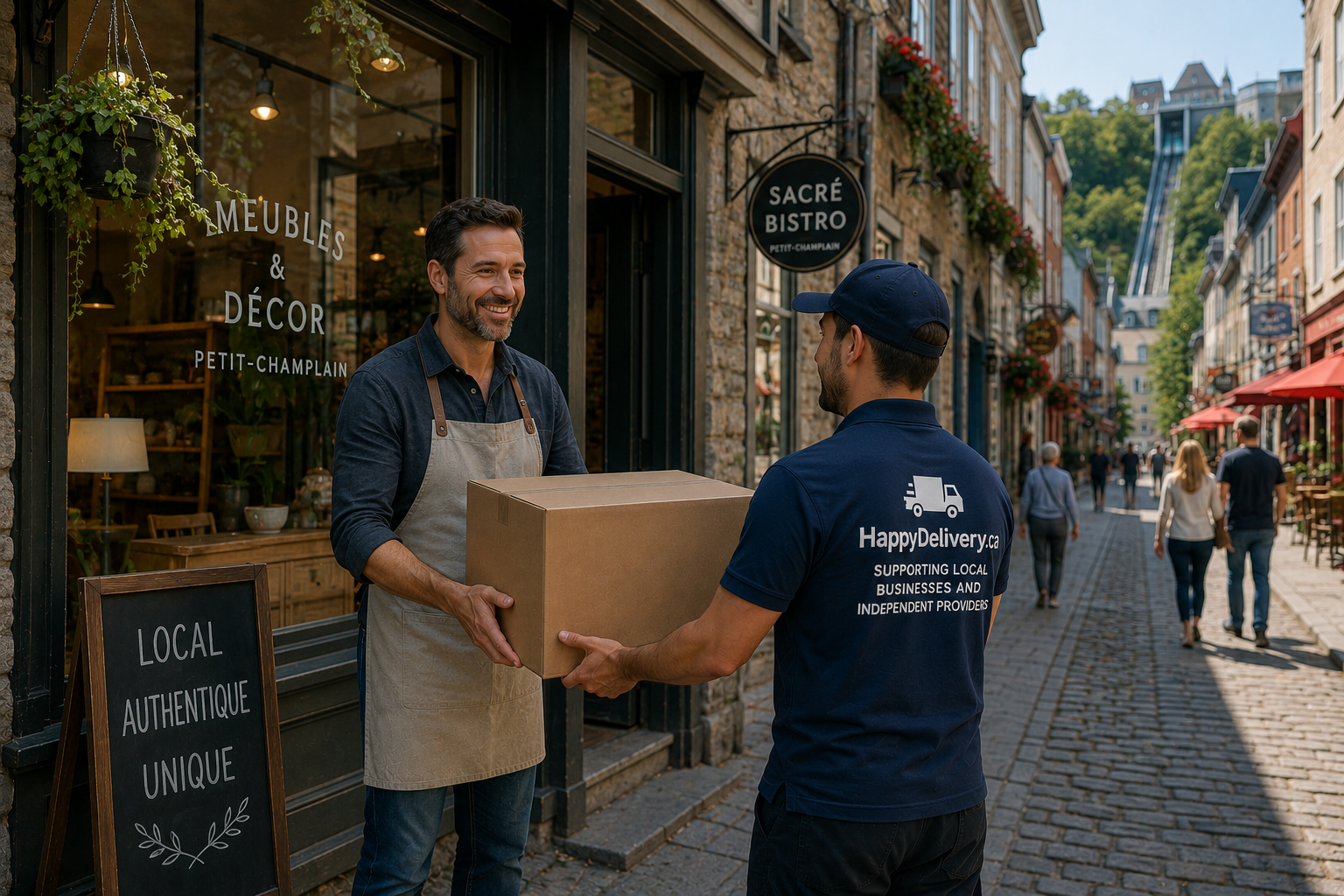 Two men exchange a cardboard box on a cobblestone street outside local shops.