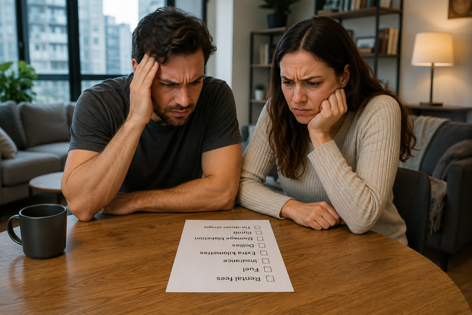 Two worried people study a document on a table in a living room.