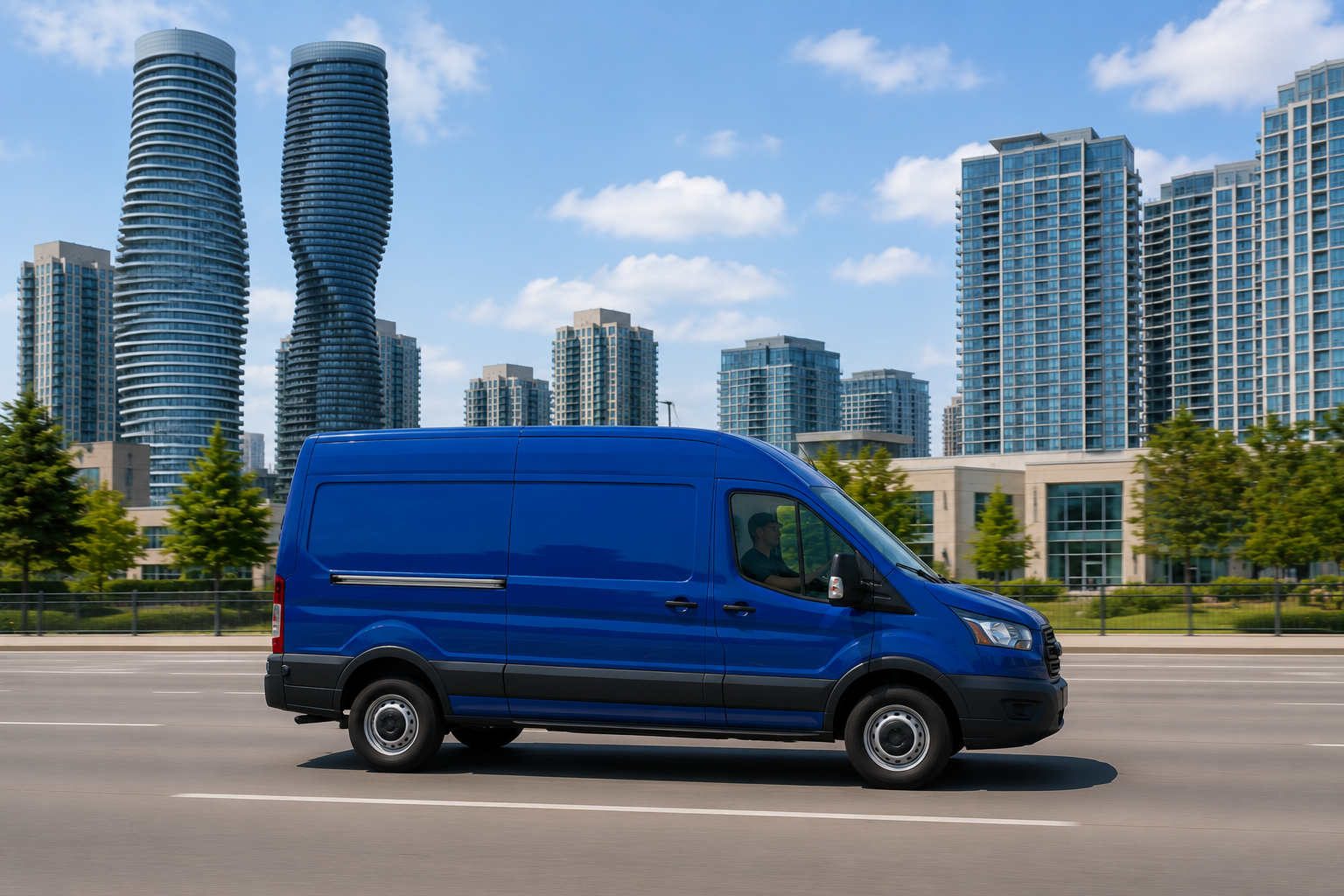 Blue cargo van driving past modern high-rise buildings on a city street
