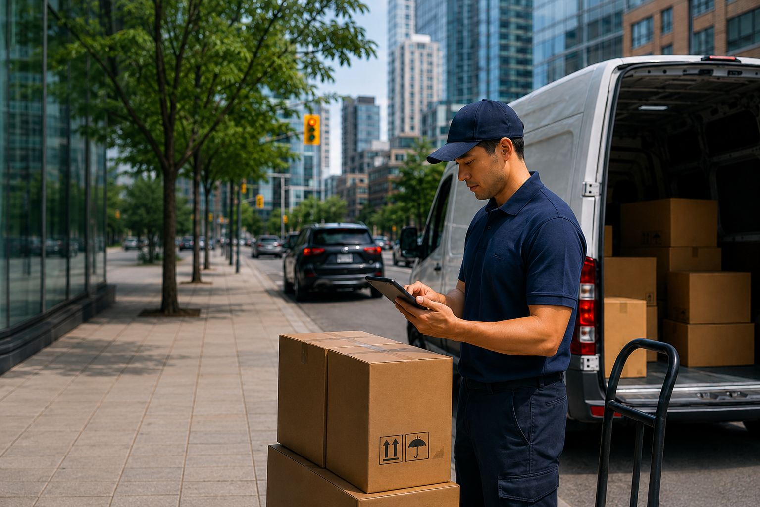 Delivery worker checking phone beside open van and boxes on a city sidewalk