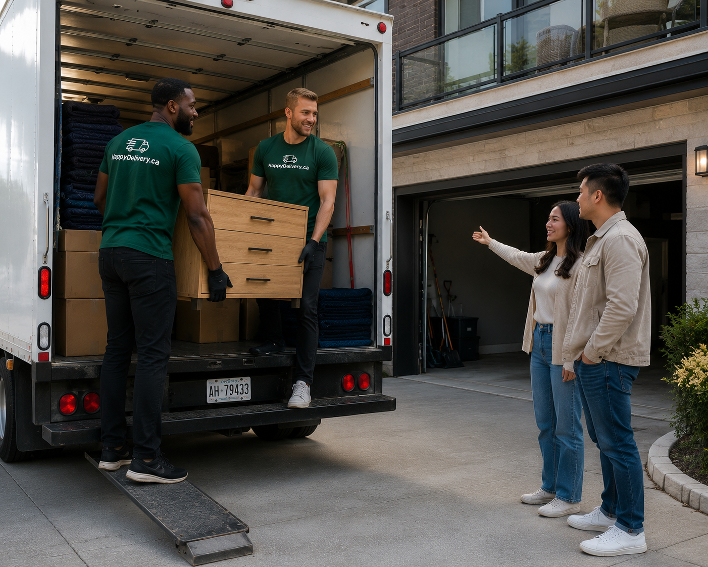 Two movers unload a cardboard box from a truck while two people watch outside a building.