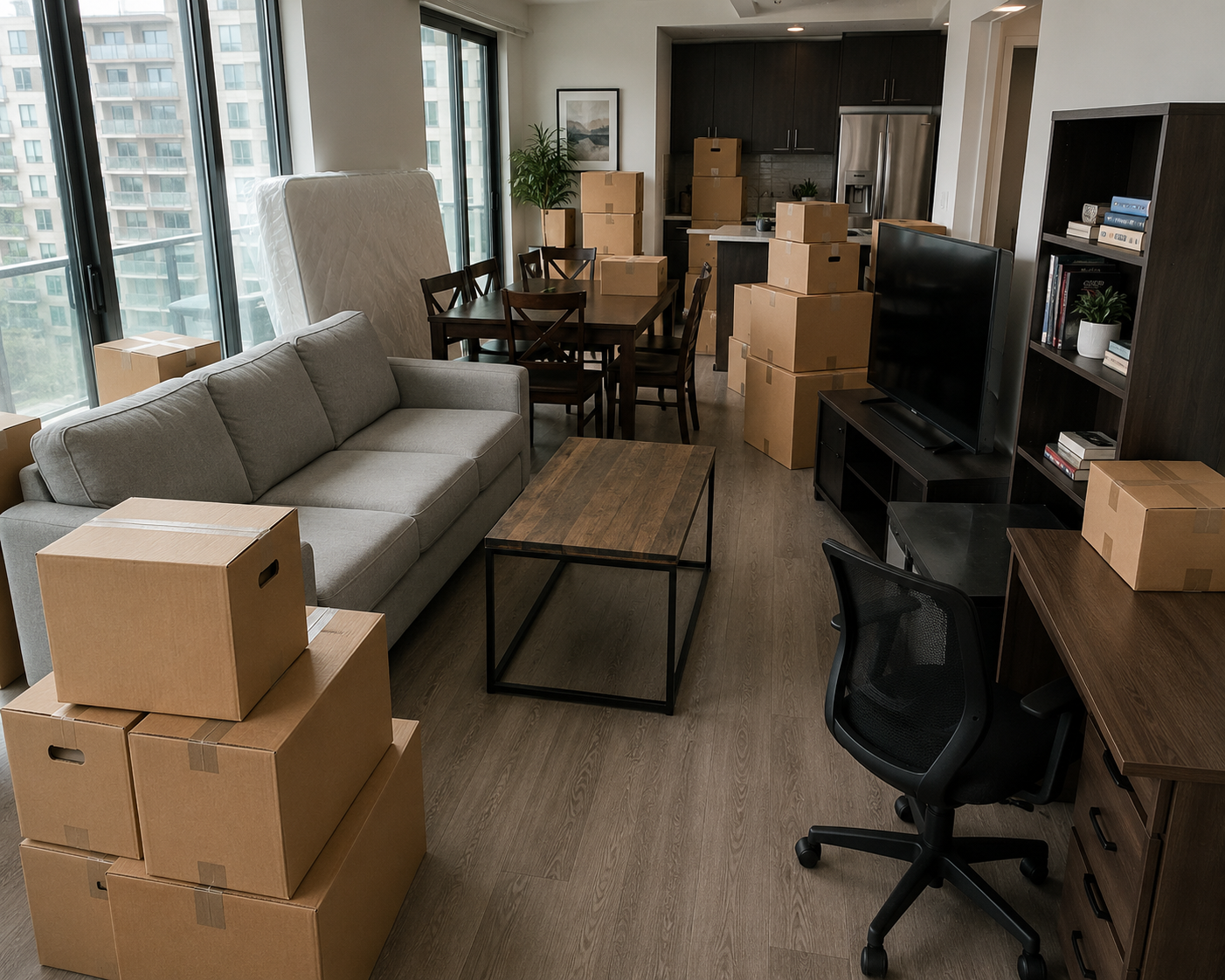 Home office with stacked moving boxes, desk, chair, sofa, and dining table in a bright room