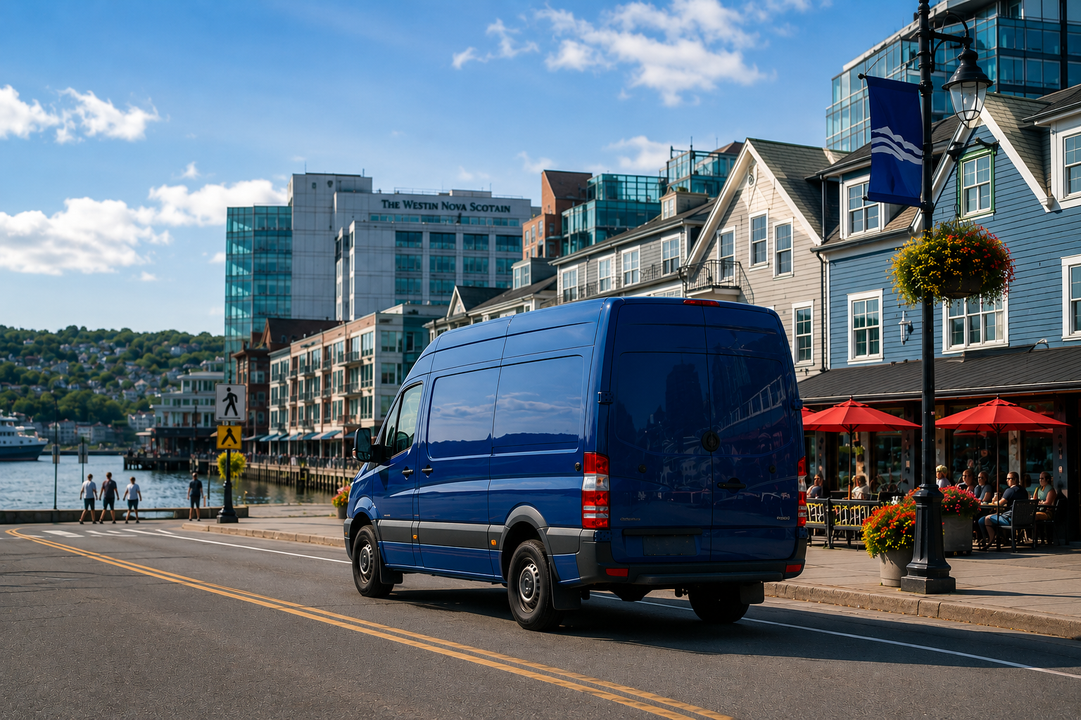 Blue delivery van parked on a waterfront street beside shops and modern buildings