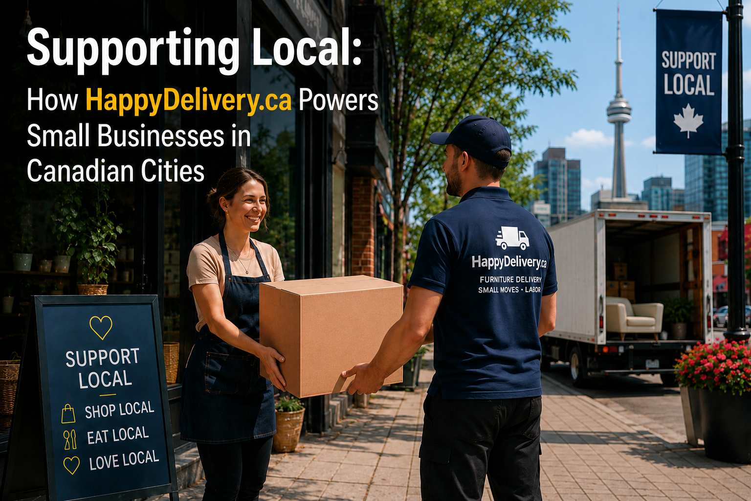 Two people exchanging a cardboard box on a sunny sidewalk outside a local shop with “Support Local” signs