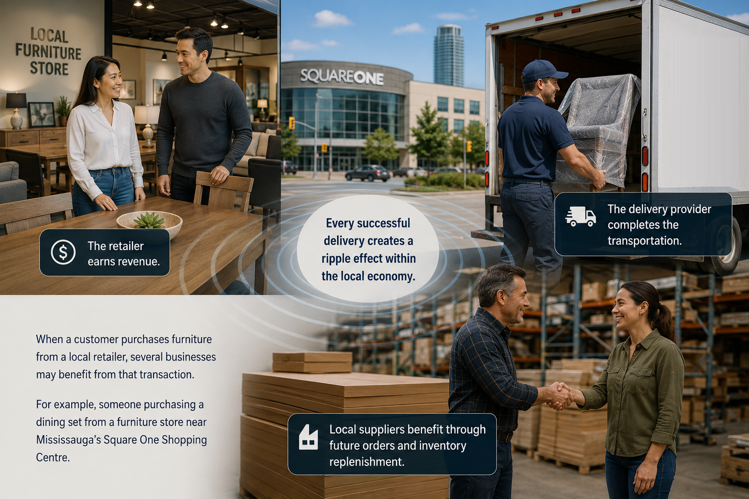 People moving furniture with boxes and a truck in a store loading area, with “SquadRents” signage in the background