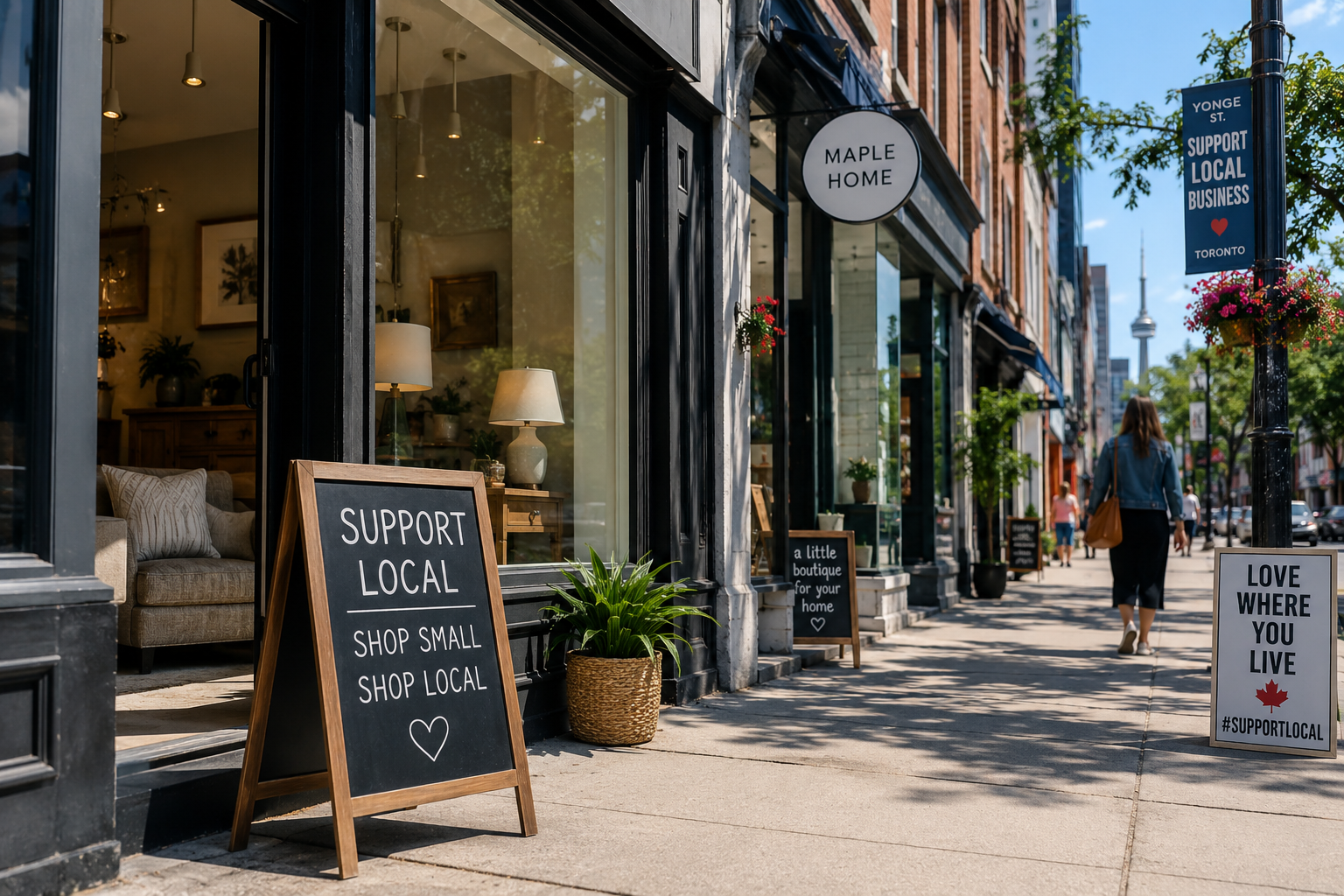 Sunny sidewalk with local shop signs and outdoor seating on a small-town street