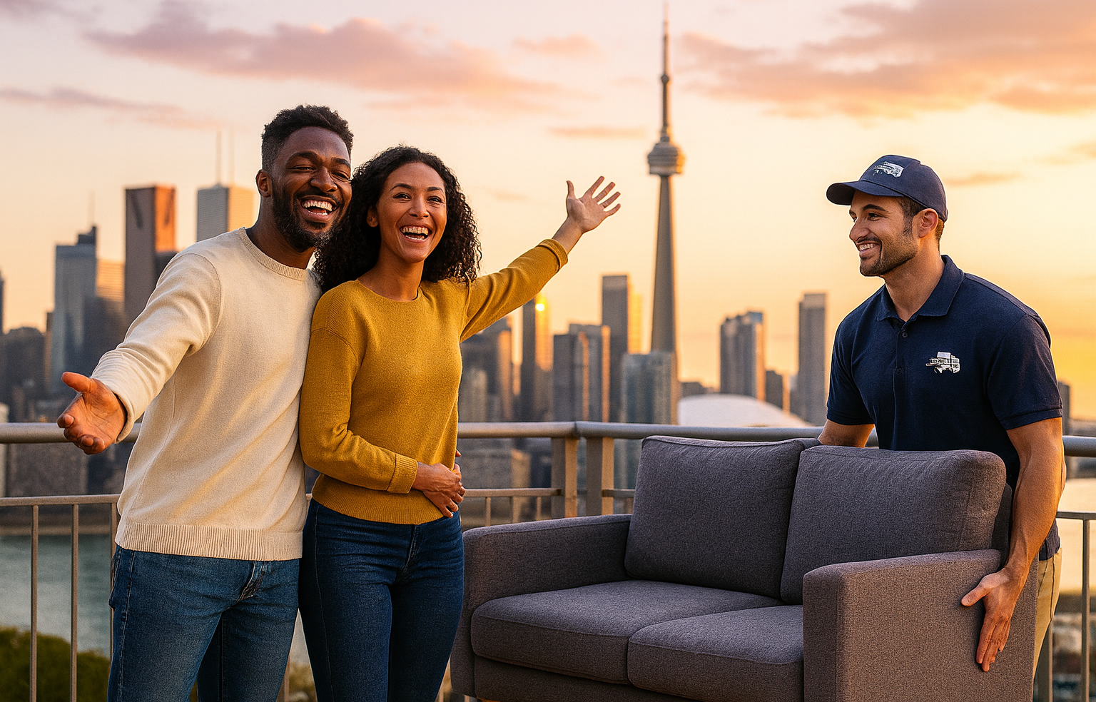 Happy Delivery driver in a dark blue shirt unloading a sofa on a Toronto balcony with the CN Tower a