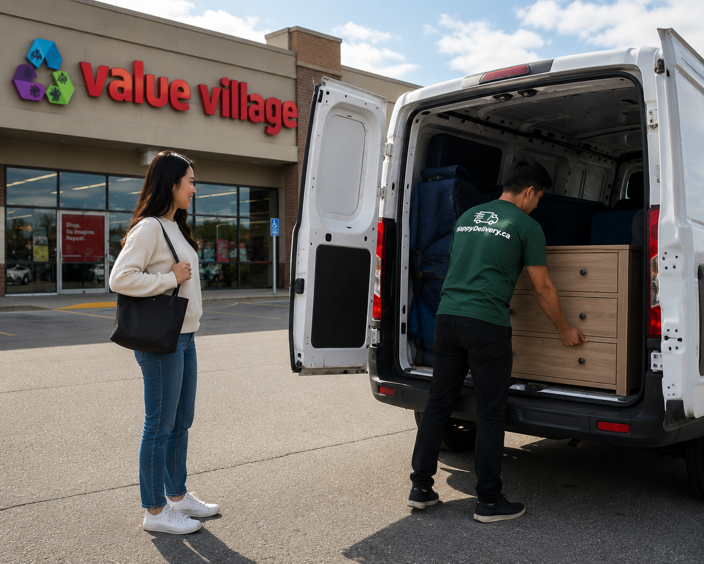 Man unloading boxes from a van outside a Value Village store while a woman waits nearby