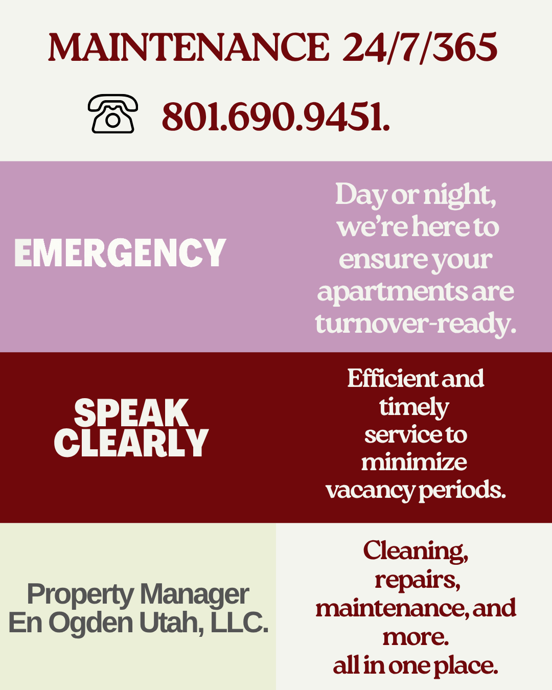 Apartment maintenance advertisement, 24/7.  Phone number, emergency services, speaks clearly, turnover ready, cleaning, repairs, Ogden, Utah.