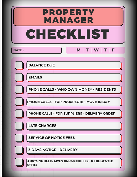 Pink property manager checklist: includes tasks like balance due, emails, phone calls, late charges.