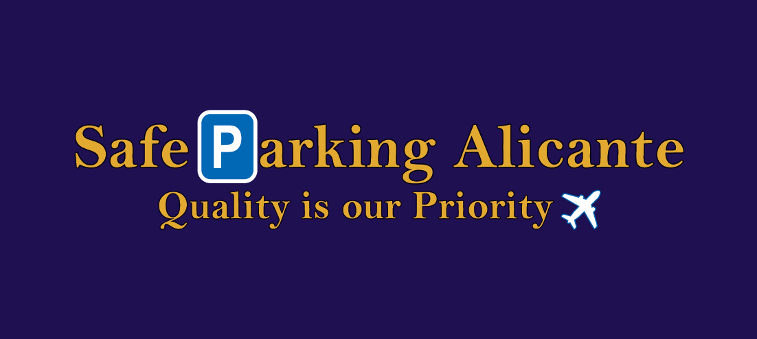 Logo voor Safe Parking Alicante, met een blauw parkeerbord. De tekst bevat 