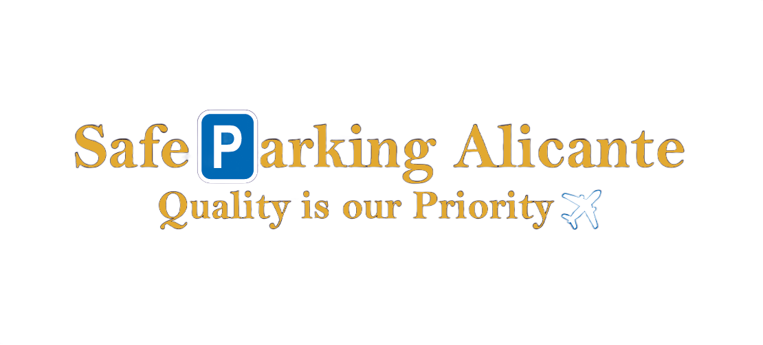 Logo for Safe Parking Alicante, dark blue background, gold text, parking symbol, white airplane.