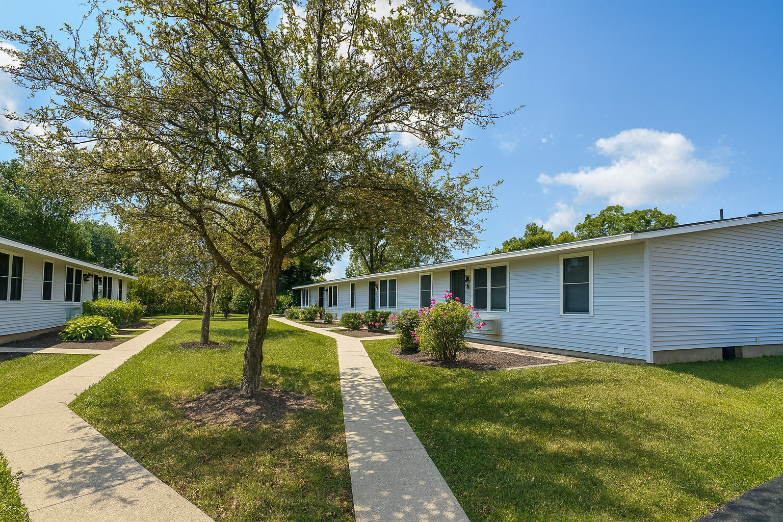 Photo of an apartment community with a yard on a mostly sunny day