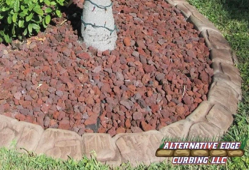 Red lava rocks surround a tree base, framed by a stone-like concrete border.