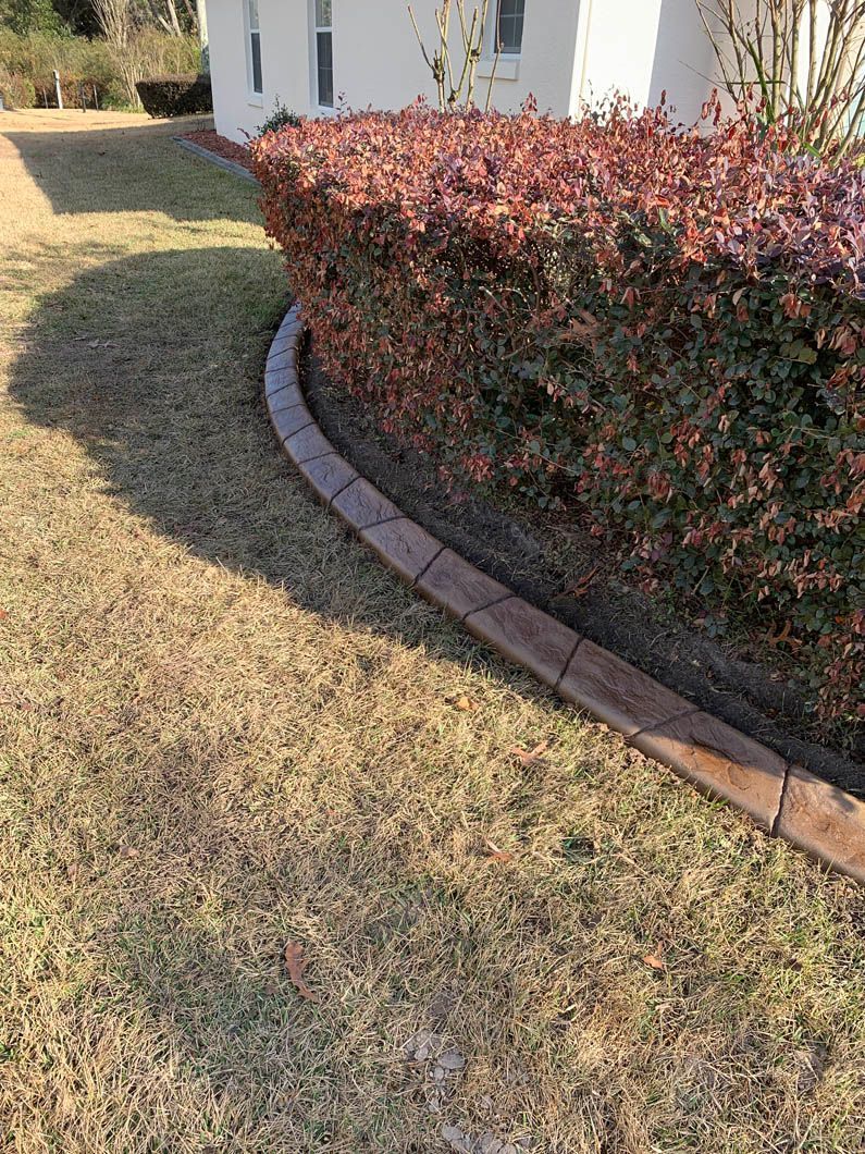 Brown concrete edging borders a reddish-brown bush in front of a white building, on dry grass.