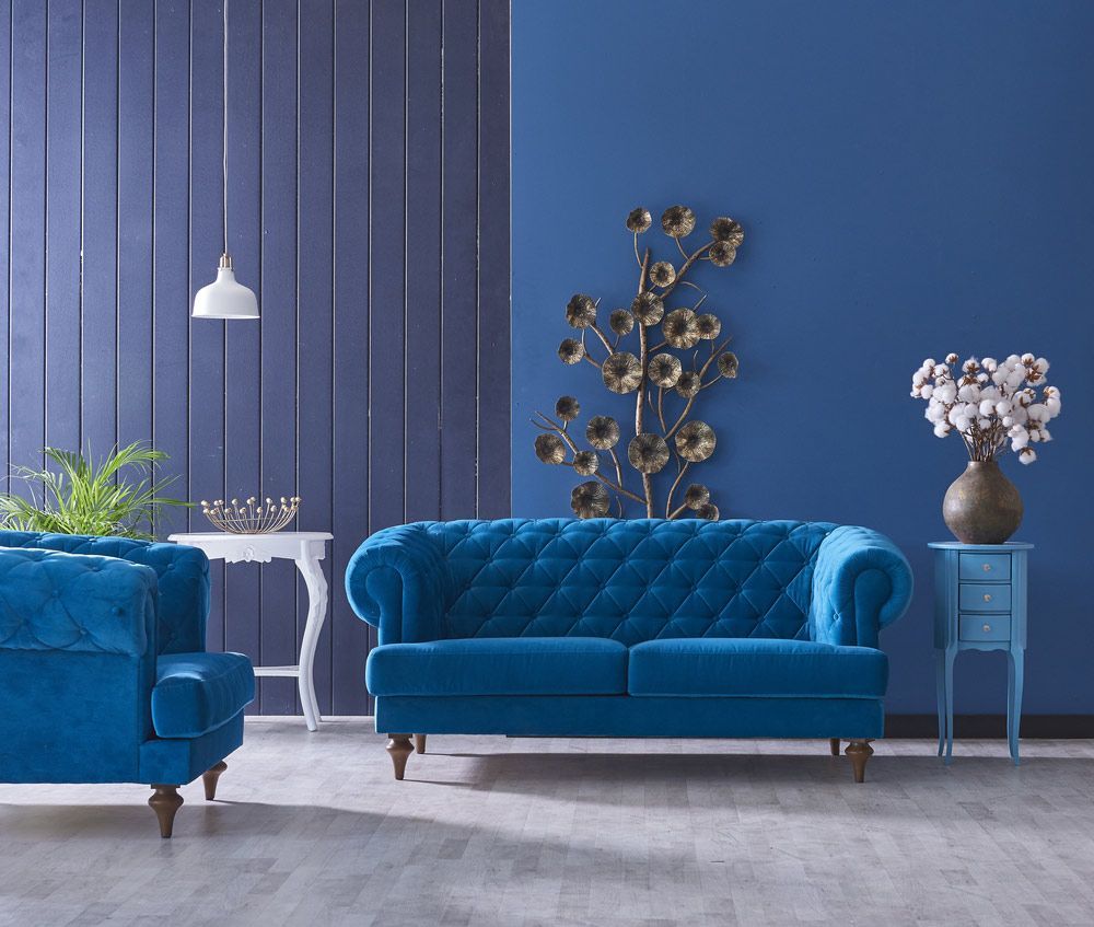 A Living Room With A Blue Couch And A Blue Chair — Coastal Upholstery In Berkeley Vale, NSW