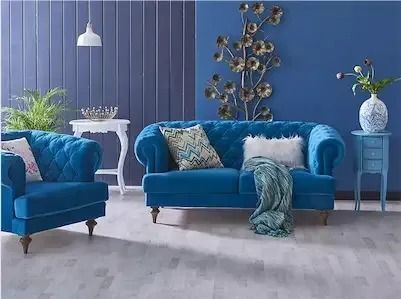 A Living Room With A Blue Couch , Chair , And Table — Coastal Upholstery In Berkeley Vale, NSW
