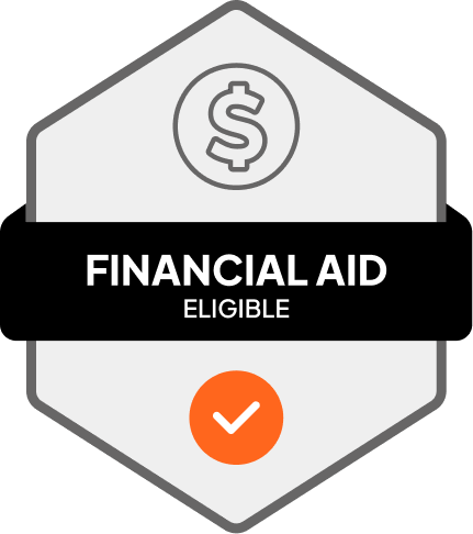 Badge: Financial Aid Eligible, blue banner, building icon, dollar sign.