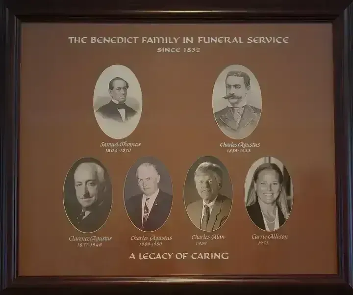 Framed memorial poster for a funeral service company with five portrait photos and the words “A Legacy of Caring.”