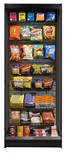 A micro market case filled with lots of snacks and candy.