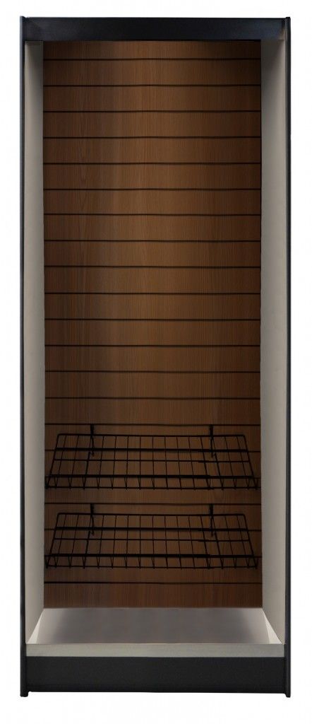 An empty micro market case with a wooden wall and shelves.