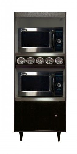 Two microwave ovens are stacked on top of each other on a white background.