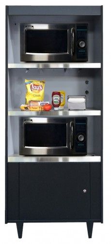 A shelf with a microwave and a bag of chips on it.
