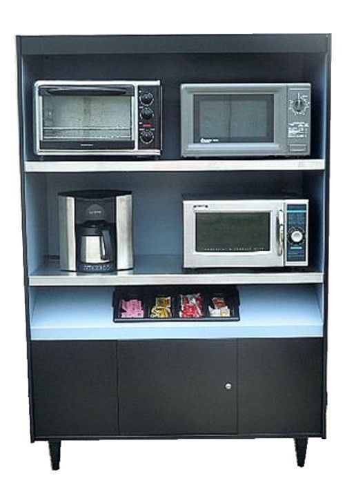 A shelf with a microwave oven coffee maker and toaster oven