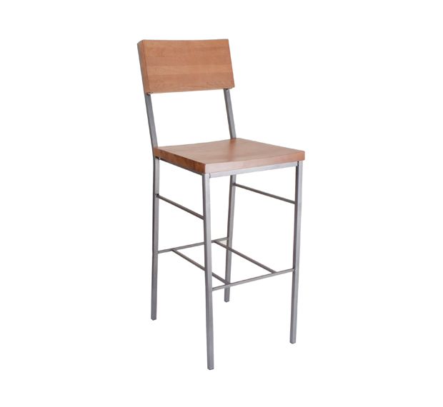 A wooden bar stool with a metal frame on a white background