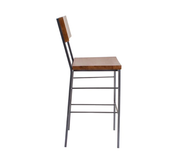 A wooden bar stool with a metal frame on a white background