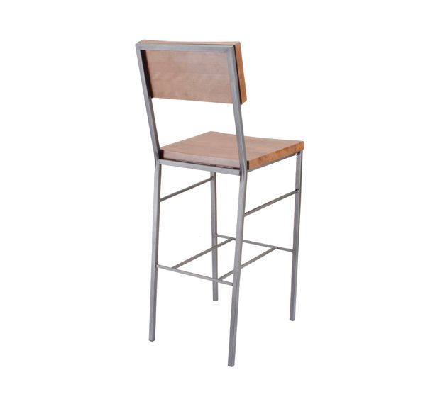 A bar stool with a wooden seat and back on a white background