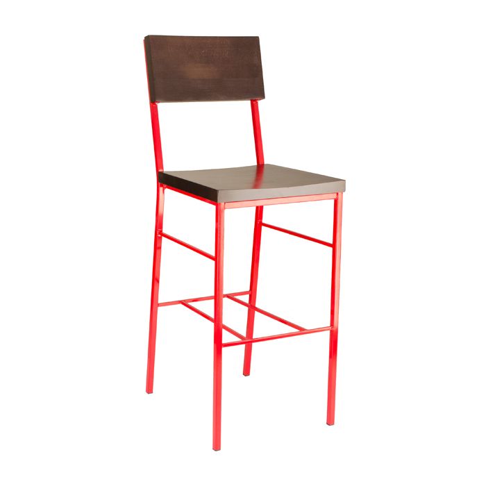 A red bar stool with a wooden seat and back