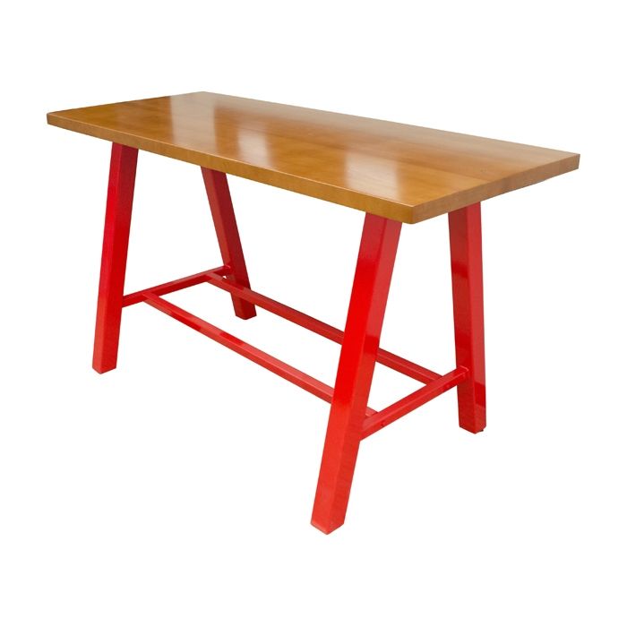 A wooden table with red legs on a white background