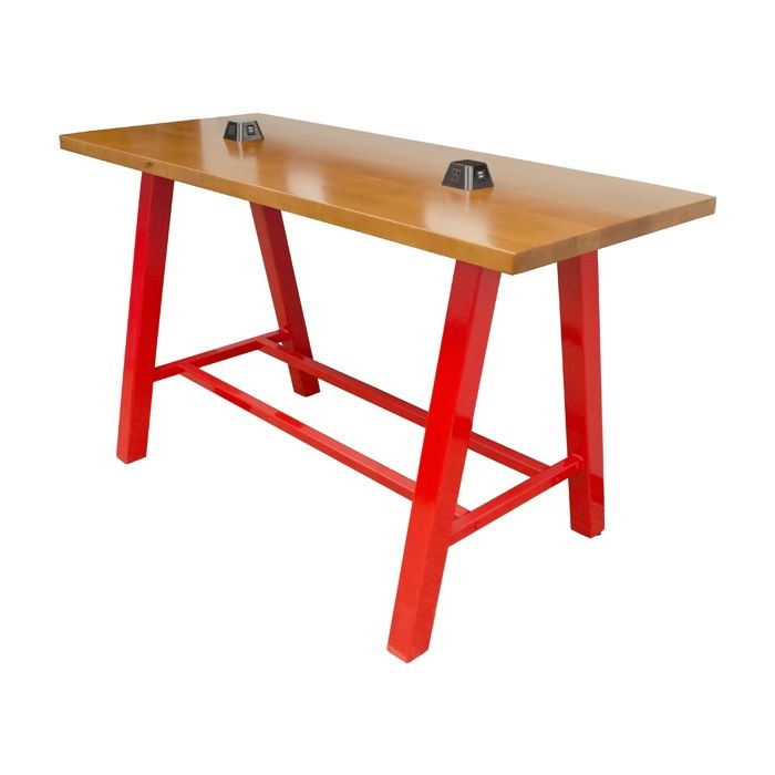 A wooden table with red legs on a white background