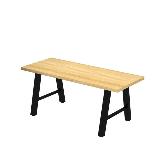 A wooden bench with black legs on a white background.