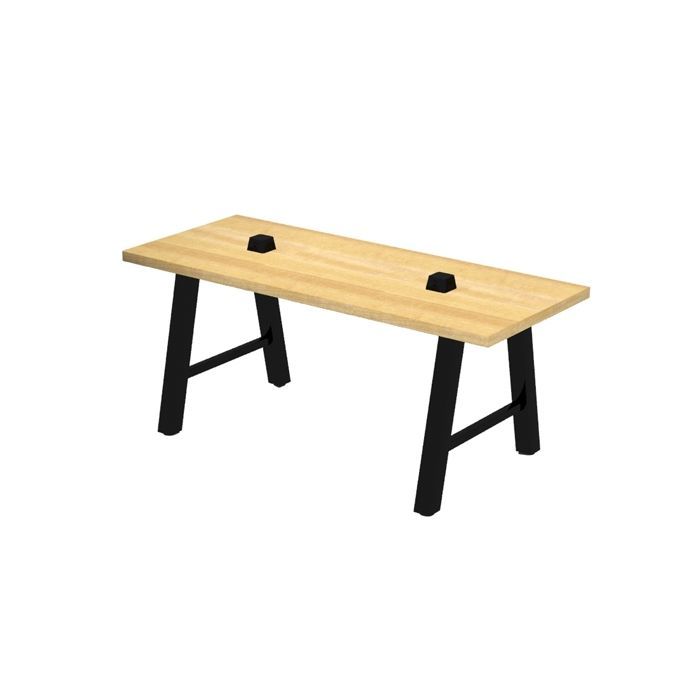 A wooden bench with black legs on a white background