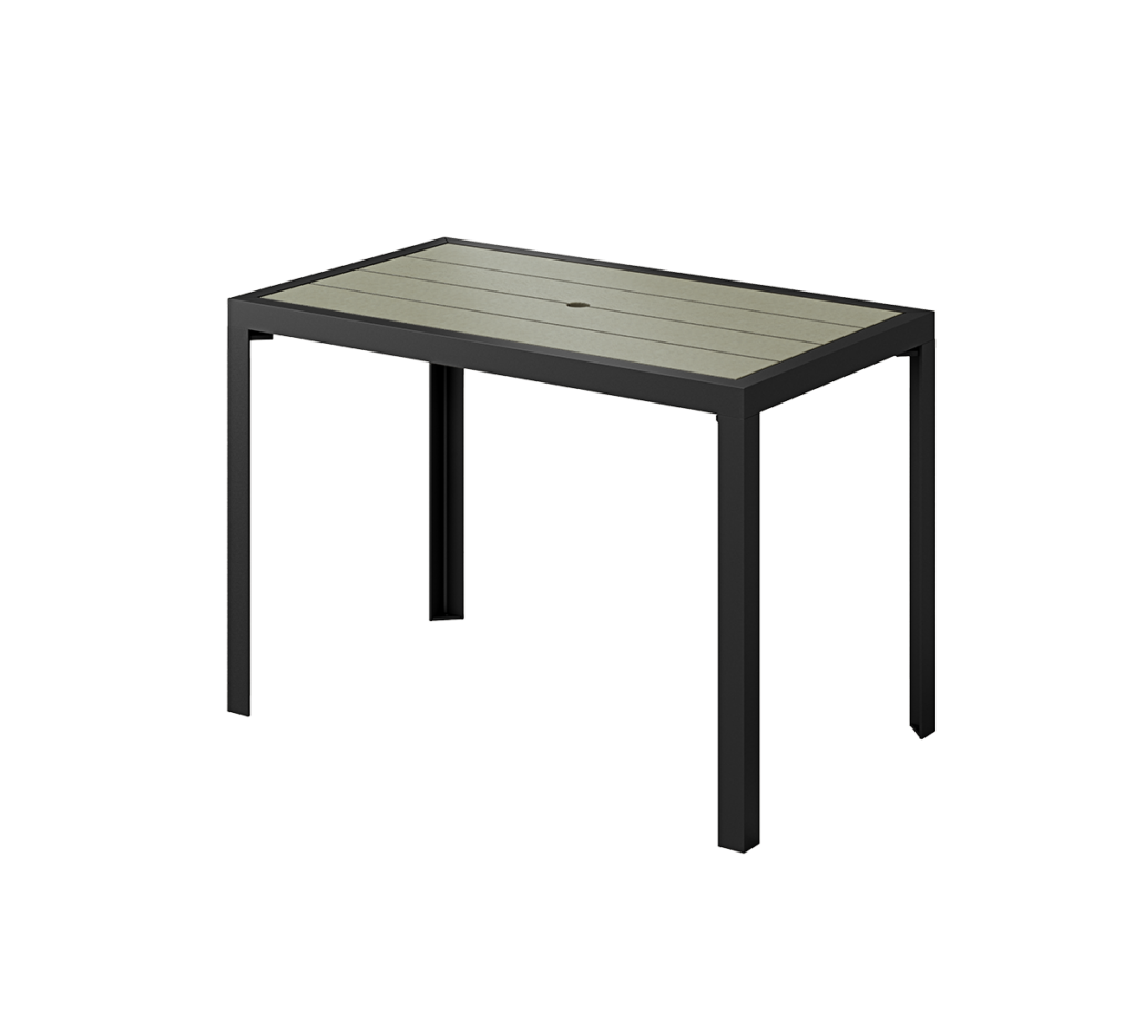 A black patio table with a glass top on a white background.