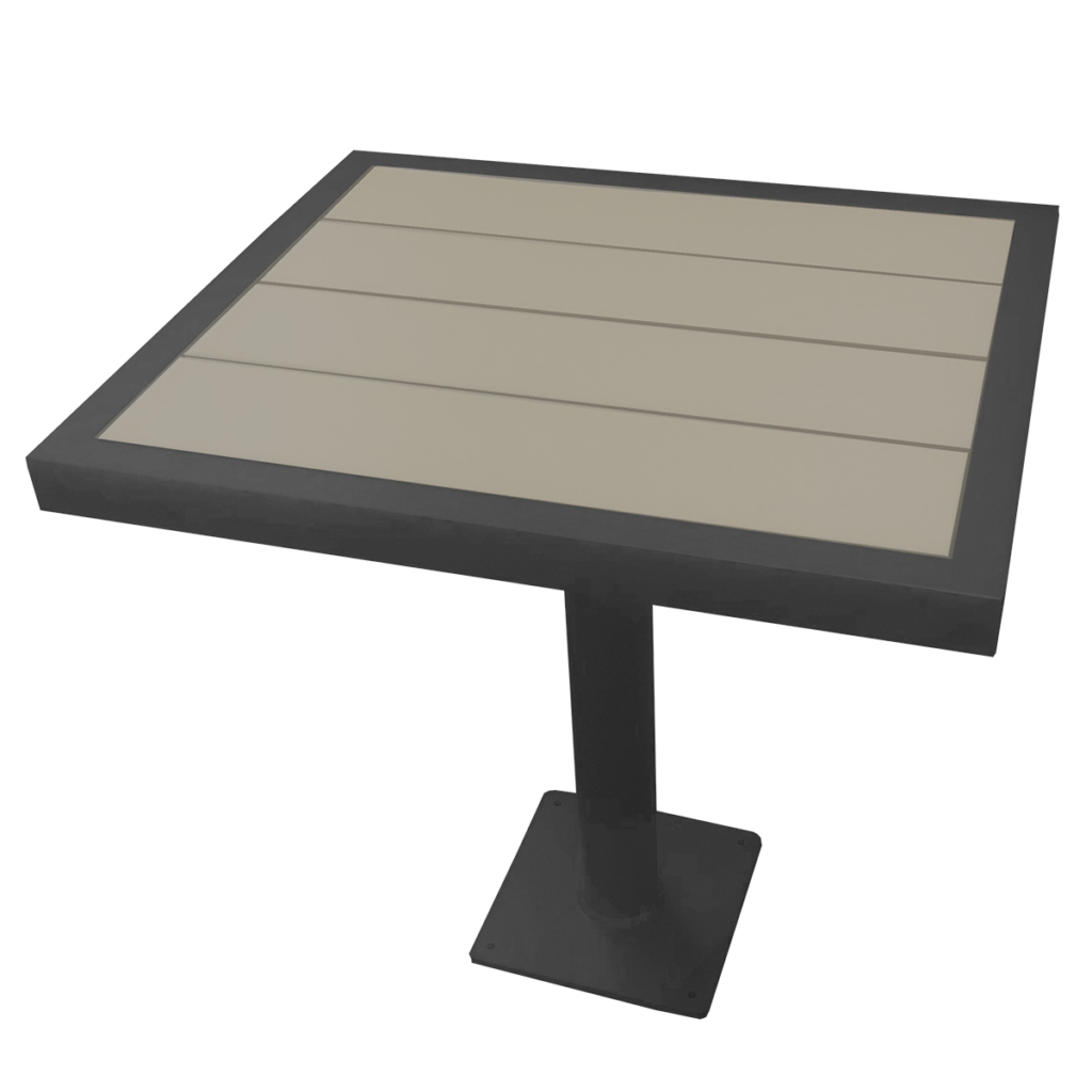 A table with a wooden top and a metal base on a white background.