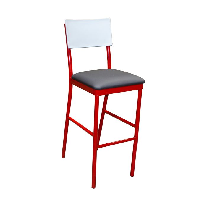 A red bar stool with a white back and a gray seat