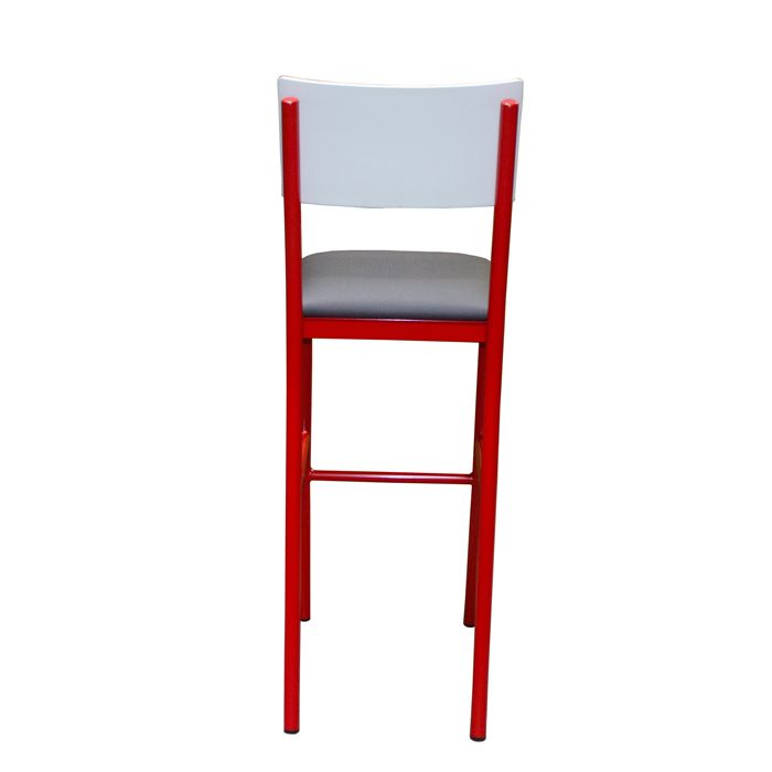 A red bar stool with a white back on a white background.