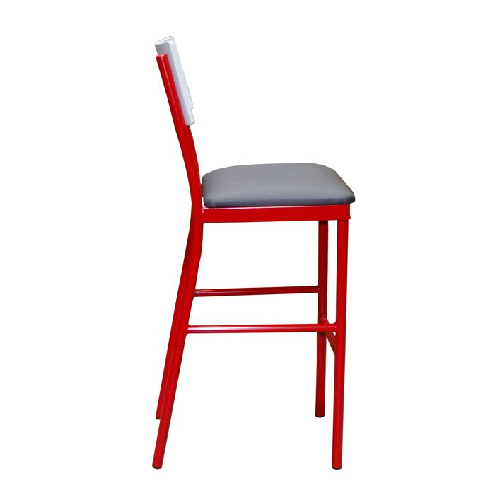 A red bar stool with a grey cushion on a white background