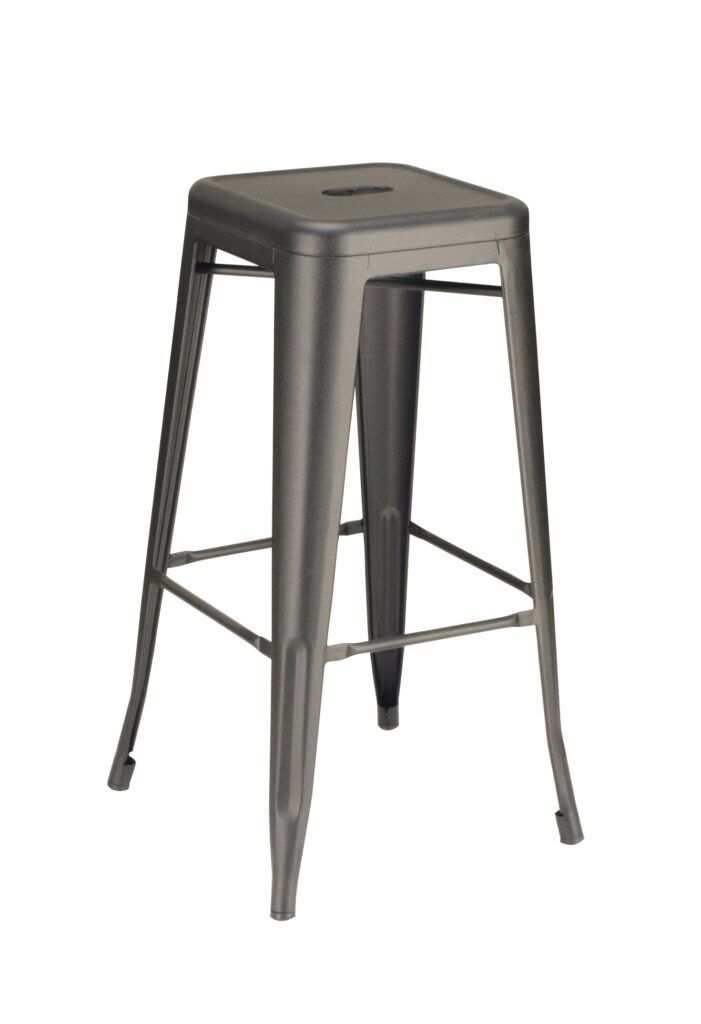 A metal bar stool with a square seat on a white background.