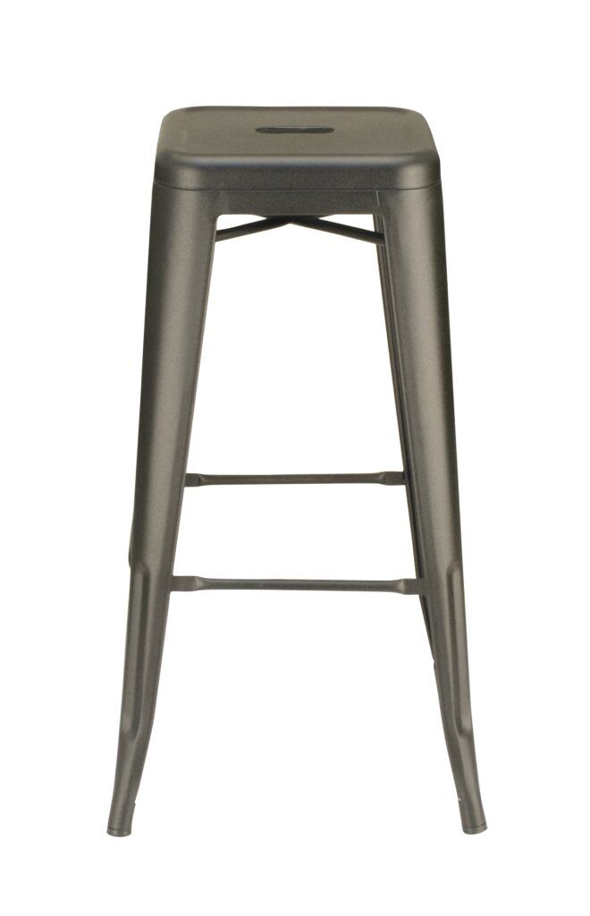A metal bar stool with a square seat on a white background.