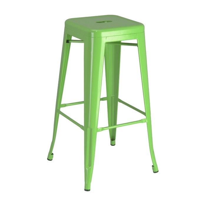A green bar stool is sitting on a white surface.