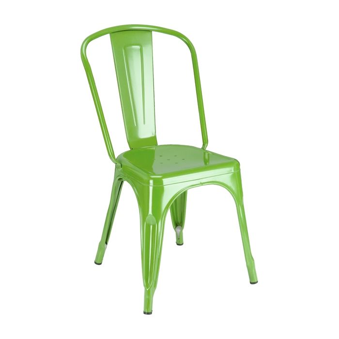 A green metal chair with a white background