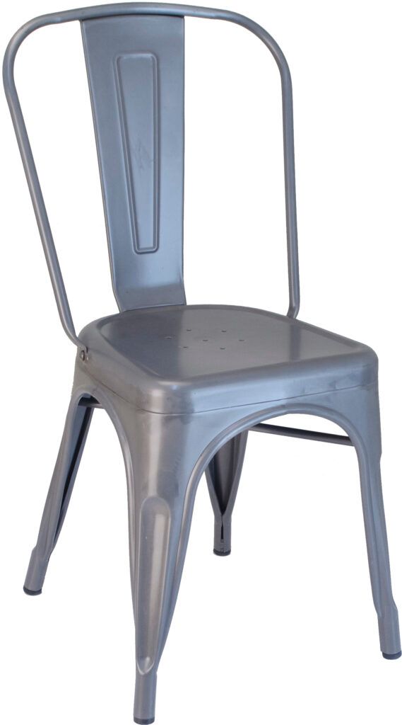 A gray metal chair with a handle on a white background.
