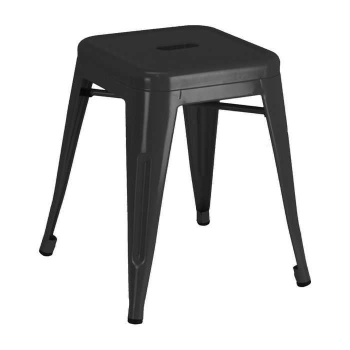 A black metal stool with a square top on a white background