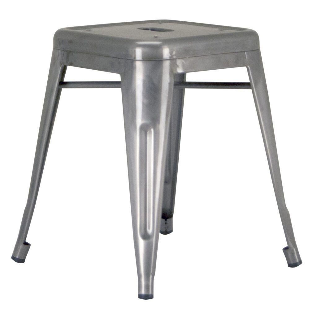 A metal stool with three legs on a white background