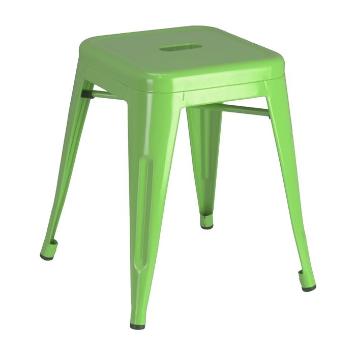 A green metal stool with a square seat on a white background