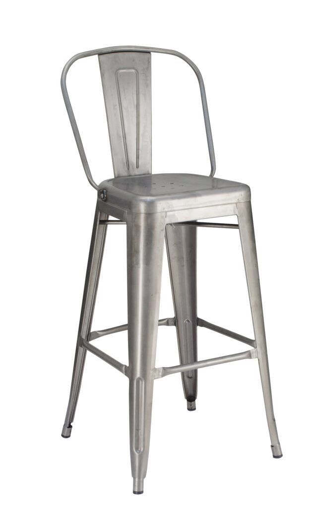 A stainless steel bar stool with a back on a white background.